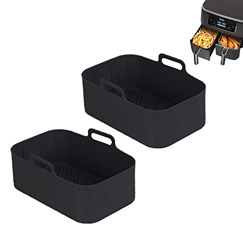 2pcs Air Fryer Silicone Pot for Ninja Foodi Dual DZ201,Reusable Air Fryer Silicone Liners,Rectangle Air Fryer Basket 8QT, Air fryer Accessories (2PCS, black)