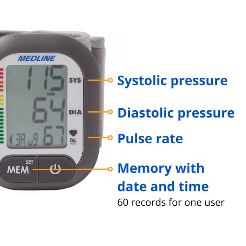 Medline Digital Wrist Blood Pressure Monitor, BP Cuff with Batteries Included (60 Reading Memory)