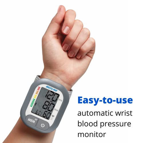 Medline Digital Wrist Blood Pressure Monitor, BP Cuff with Batteries Included (60 Reading Memory)