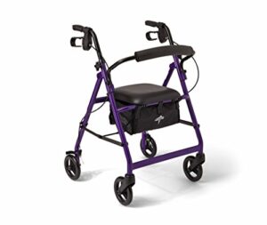 medline aluminum rollator walker with seat, folding mobility rolling walker has 6 inch wheels, purple