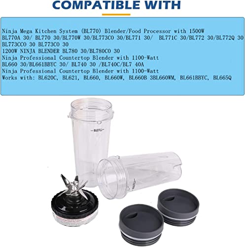 2 Pack 16oz Single Serve Cups &6 Fins Blender Blade Assembly, Replacement Parts for Nutri Ninja Compatible with Nutri Ninja BL660 1500WBL770A 30/ BL770 30/BL773CO 30/BL771 30/BL772 30/ 1200W BL780