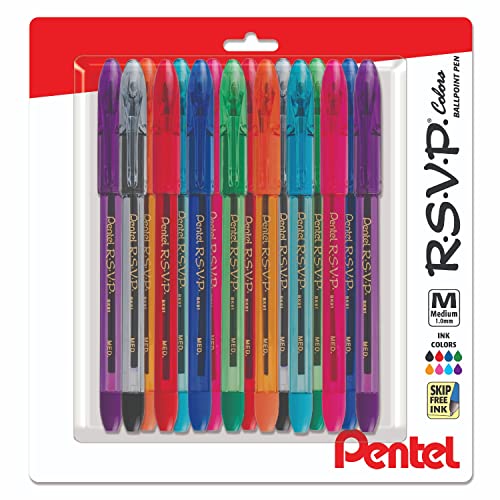 Pentel RSVP Medium Point Pens - Ballpoint - 1.0 mm - Clear Barrel - Assorted Ink Colors, Pack Of 16