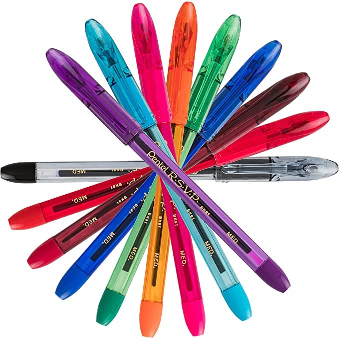 Pentel RSVP Medium Point Pens - Ballpoint - 1.0 mm - Clear Barrel - Assorted Ink Colors, Pack Of 16