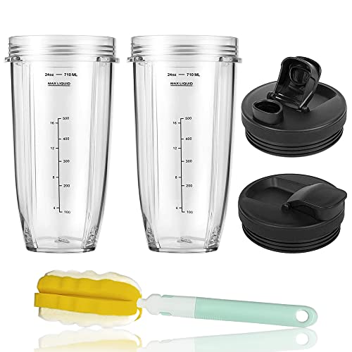 2Pack 24OZ Cups for Ninja Blender with Lid and Cup Brush for Ninja Auto iQ BL450 BL454 BL456 BL480 BL482 BL640 BL642 BL682 BN751 BN801