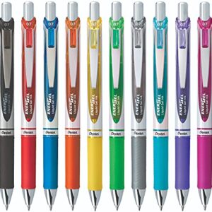 Pentel EnerGel 0.7 MM RTX Retractable Liquid Gel Pen, 10 Pack of New Assorted ink Colors, Metal Tip, Medium Line, Quick Dry No Smear