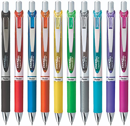 Pentel EnerGel 0.7 MM RTX Retractable Liquid Gel Pen, 10 Pack of New Assorted ink Colors, Metal Tip, Medium Line, Quick Dry No Smear