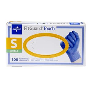 medline fitguard touch nitrile exam gloves, disposable, powder-free, cobalt blue, small, box of 300