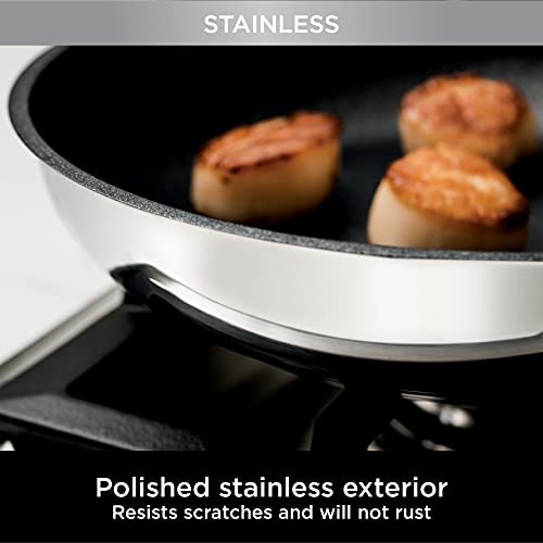 Ninja C60026 Foodi NeverStick Stainless 10.25-Inch Fry Pan, Polished Stainless-Steel Exterior, Nonstick, Durable & Oven Safe to 500°F, Silver