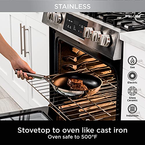 Ninja C60026 Foodi NeverStick Stainless 10.25-Inch Fry Pan, Polished Stainless-Steel Exterior, Nonstick, Durable & Oven Safe to 500°F, Silver