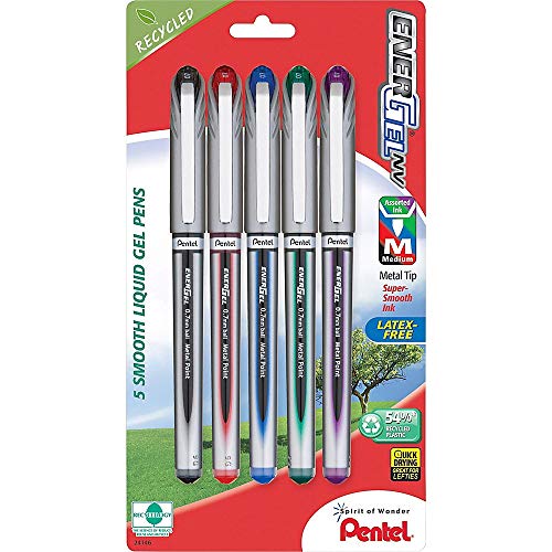 Pentel EnerGel NV Gel Ink Pen, Medium Point, Metal Tip, Assorted Ink, 5 Pack (BL27BP5M)