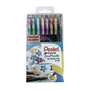 pentel hybrid – dual metallic pens – liquid gel rollerball pens – k110 – assorted colours – set of 8