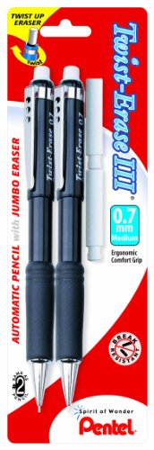 Pentel Twist-Erase III Automatic Pencil with 2 Eraser Refills, 0.7mm, Assorted Barrels, 2 Pack (QE517BP2-K6)