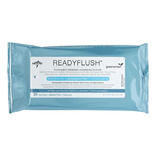 Medline ReadyFlush Biodegradable Flushable Personal Cleansing Wipes, Fragrance Free, 8" x 12", 24 Count