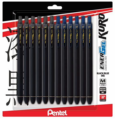 Pentel Energel 0.7 Kuro Gel Pen - Medium Line - 12 Pack Of 6 Black & 6 Blue