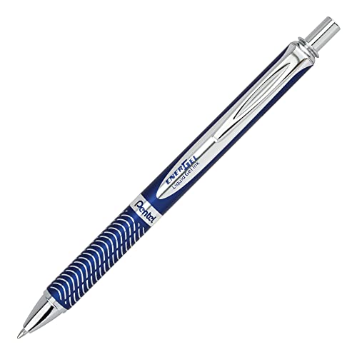 Pentel® EnerGel™ Alloy Premium Liquid Gel Pen, Medium Point, 0.7 mm, Navy/Silver Barrel, Black Ink