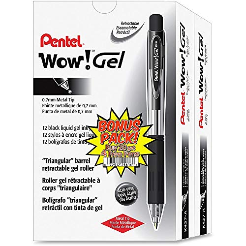 Pentel Gel Pens, Permanent, Retraable, Med Point, 24/Pack, Black Barrel/Ink (PENK437ASW2)