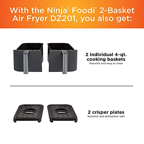 Ninja DZ201 Foodi 6-in-1 2-Basket Air Fryer with DualZone Technology, 8-Quart Capacity, and a Dark Grey Stainless Finish (Dark Grey Stainless) (Renewed)