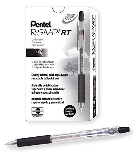 Pentel R.S.V.P. RT Retractable Ballpoint Pen, 1.0mm Tip, Black Ink, Box of 12 (BK93-A)