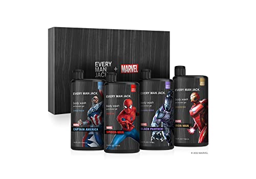 Every Man Jack Marvel Collectors Box Body Wash Gift Set - Perfect for Every Guy & Marvel-Lover - Includes Four Full-Sized Body Washes with Clean Ingredients & Incredible Scents - Marvel-Inspired Fresh Air, Winter Mint, Crimson Oak, and Wakanda Herbs Fragr