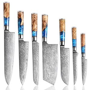 senken 7-piece damascus kitchen knife set – tsunami collection – 67-layer japanese vg10 steel – chef’s knife, cleaver knife, bread knife, santoku knife, boning knife, & more, luxury gift box