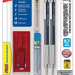 Pentel GraphGear 500 Automatic Pencil Kit, 0.7mm, Refill Leads, Block Eraser 2 Pack (PG527LEBP2)