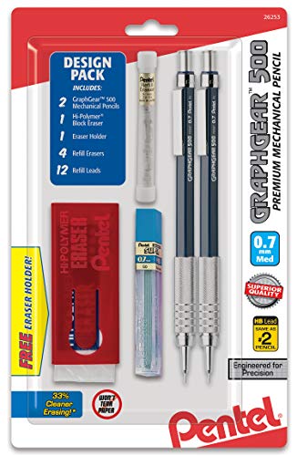 Pentel GraphGear 500 Automatic Pencil Kit, 0.7mm, Refill Leads, Block Eraser 2 Pack (PG527LEBP2)