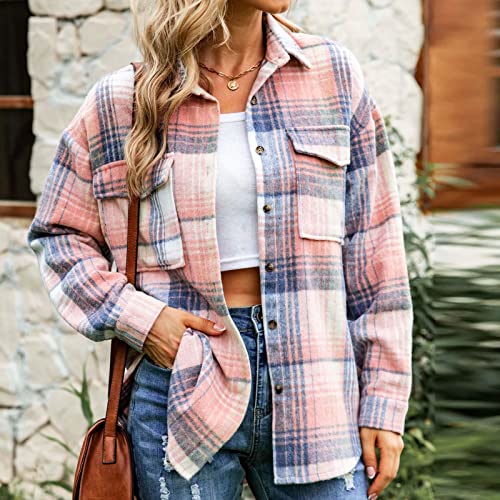 Womens Plaid Shacket Casual Flannel Plaid Shirts Woolen Brushed Lapel Button Down Jacket Stylish Boyfriend Cardigan Coats