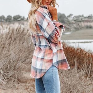 Womens Plaid Shacket Casual Flannel Plaid Shirts Woolen Brushed Lapel Button Down Jacket Stylish Boyfriend Cardigan Coats