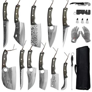 fullhi 17pcs butcher chef knife set include sheath high carbon steel cleaver kitchen knife whole tang vegetable cleaver home bbq camping with knife bag