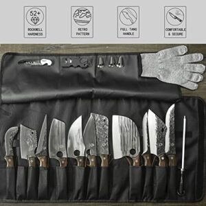 FULLHI 17pcs Butcher Chef Knife Set include sheath High Carbon Steel Cleaver Kitchen Knife Whole Tang Vegetable Cleaver Home BBQ Camping with Knife Bag