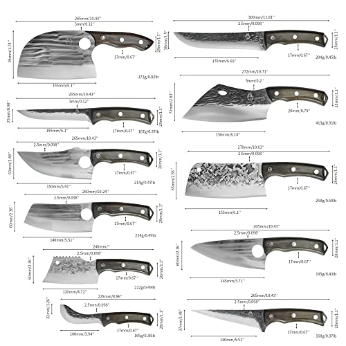 FULLHI 17pcs Butcher Chef Knife Set include sheath High Carbon Steel Cleaver Kitchen Knife Whole Tang Vegetable Cleaver Home BBQ Camping with Knife Bag