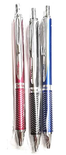 (3) Pentel Energel Alloy Retractable Liquid Gel Pen, (0.7mm) Medium Line, Navy Blue Barrel, Red Barrel, Black Barrel 1-Pk Black Ink