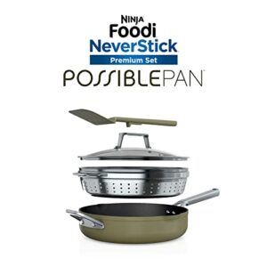 Ninja CW102GN Foodi NeverStick PossiblePan, Premium Set with 4-Quart Capacity Pan, Steamer/Strainer Basket, Glass Lid & Integrated Spatula, Nonstick, Durable & Oven Safe to 500°F, Olive Green