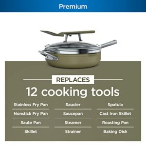 Ninja CW102GN Foodi NeverStick PossiblePan, Premium Set with 4-Quart Capacity Pan, Steamer/Strainer Basket, Glass Lid & Integrated Spatula, Nonstick, Durable & Oven Safe to 500°F, Olive Green