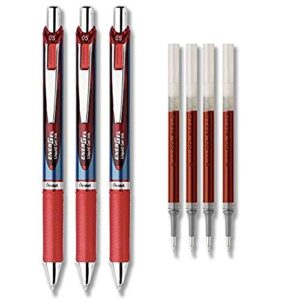 pentel energel deluxe rtx liquid gel ink pen set kit, pack of 3 with 4 refills (red – 0.5mm)