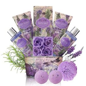 relaxing bath gift set for women – lavender and rosemary aromatherapy basket at home spa kit – mothers day birthday holiday gift ideas for mom – 13 pack with bubble bath bombs show gel body lotion