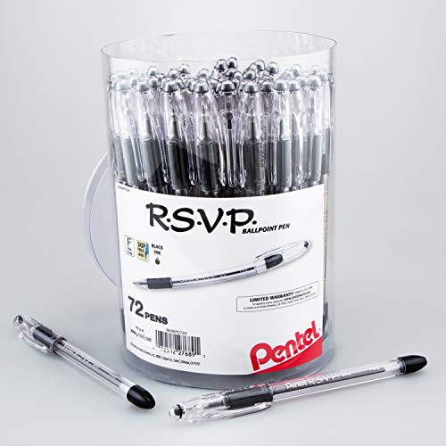 Pentel RSVP Ballpoint Pen, (0.7mm) Fine Line, Black Ink, 72pk Canister (BK90PC72A)