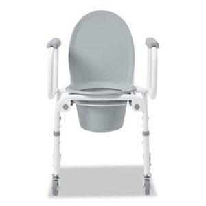 medline drop arm commode with wheels, swing arm rest for easy transfer, padded seat, contains chair, pail, lid, and splash guard, 250lb. weight capacity