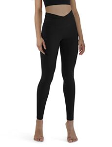 ododos women’s cross waist yoga leggings with inner pocket, full length running tights sports athletic workout legging pants-inseam 28″, black, medium