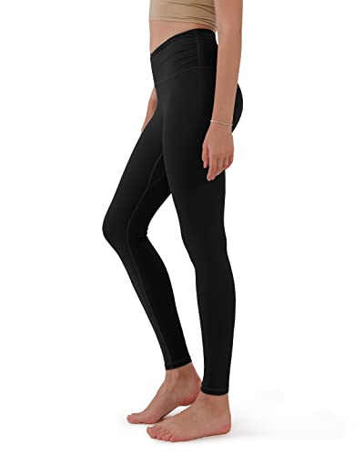 ODODOS Women's Cross Waist Yoga Leggings with Inner Pocket, Full Length Running Tights Sports Athletic Workout Legging Pants-Inseam 28", Black, Medium