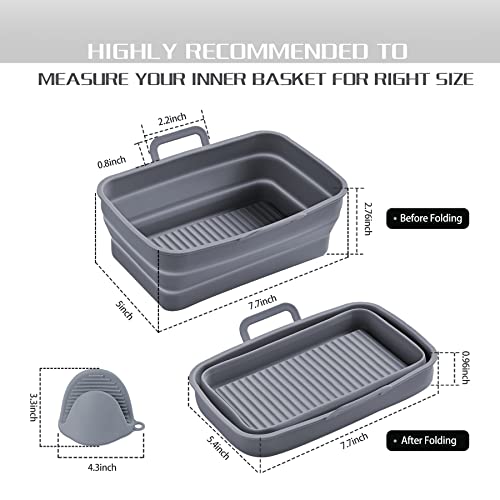 Air Fryer Silicone Liners,Foldable and Easy to Store 2 Pcs Rectangular Air Fryer Silicone Pot with Heat Proof Gloves for Ninja Foodi Dual DZ201/DZ401,Food Safe Reusable Air Fryer Accessories