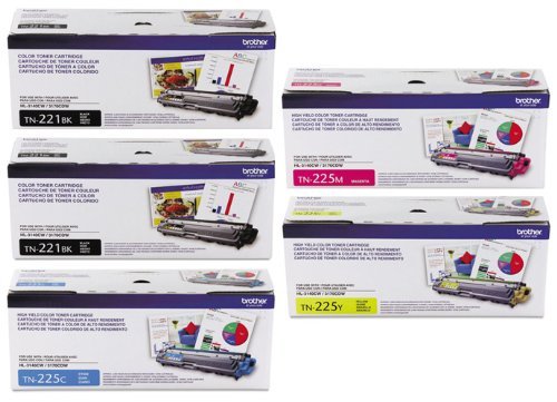 Genuine Brother TN221BK, TN225C, TN225M, TN225Y Color (2xBK/C/M/Y) Toner Cartridge 5-Pack Brother HL-3140CW, HL-3170CDW, MFC-9130CW, MFC-9330CDW