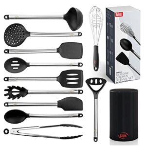 kaluns 12 piece stainless steel and silicone kitchen utensils set, black block holder – non-stick and heat resistant cooking supplies – new chef’s spatula tools cookware collection – best holiday