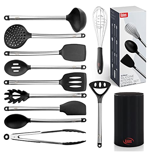 Kaluns 12 piece Stainless Steel and Silicone Kitchen Utensils set, black block holder - Non-stick and Heat resistant Cooking Supplies - New Chef's Spatula Tools Cookware Collection - Best Holiday