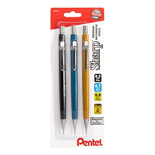 Pentel Sharp Mechanical Pencil 3 pack Assorted Barrels (1 each 0.5mm, 0.7mm, 0.9mm)