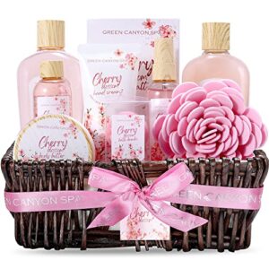 spa gift baskets for women birthday gift sets 10 pcs cherry blossom essential oil spa gift sets with handmade weaved basket holiday gifts for christmas thanksgiving valentine’s day gift set for women