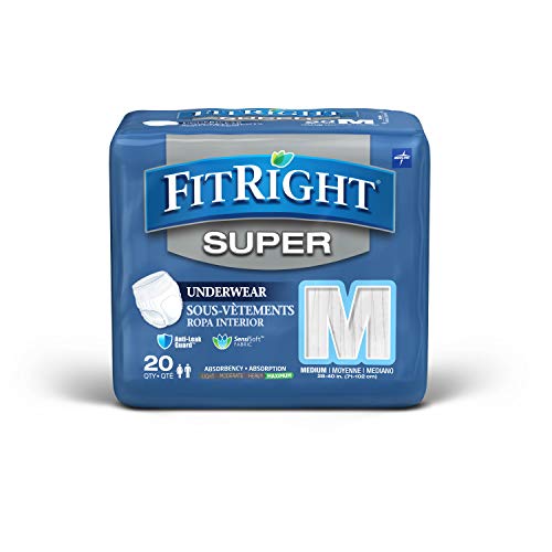 FitRight Super Adult Incontinence Underwear, Maximum Absorbency, Medium, 28-40, 4 Packs of 20 (80 Total)