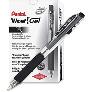 Pentel WOW! Gel Retractable Gel Pen 0.7mm Medium Line Black Ink, Box of 12 (K437-A)