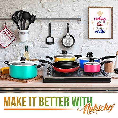 15-Piece Nonstick Kitchen Cookware Set PTFE/PFOA/PFOS- Free | Colorful Heat Resistant Lacquer Kitchen Ware Pots Pan Set w/ Saucepot, Frying Pans, Pots, Oven Pot, Lids, 5 Utensil - NutriChef NCCWCOR15