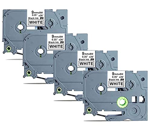 TZe-221 Laminated Label Tape Compatible for BRO TZe221 TZe 221 Black on White 4 Pack 0.35" x 26.2 Feet(9mm x 8m) for P-Touch PT-D200 PT-D210 PT-7600 PT-E300 PT-D400 Label Makers